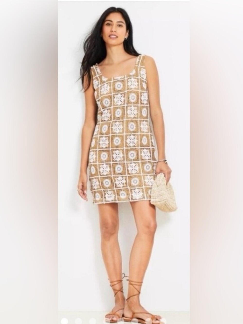 NWT Loft Sleeveless Crochet Square-Print Mini Dress in Tan and White